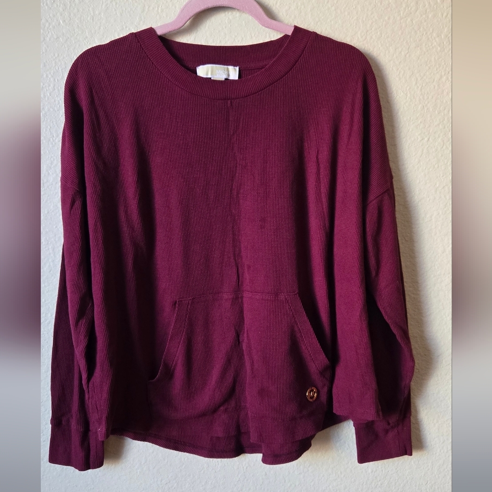 Michael Kors Women's Waffle-Knit Kangaroo-Pocket Sweatshirt#0019 burgundy Size L